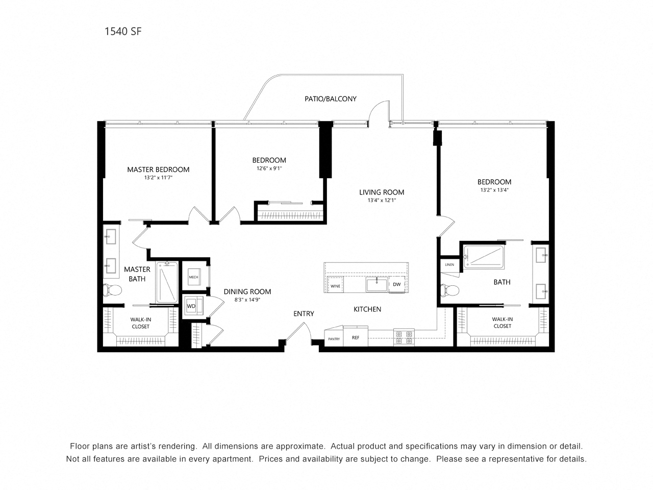 Floor plan for 3 beds, 2 baths, 1540 sqft